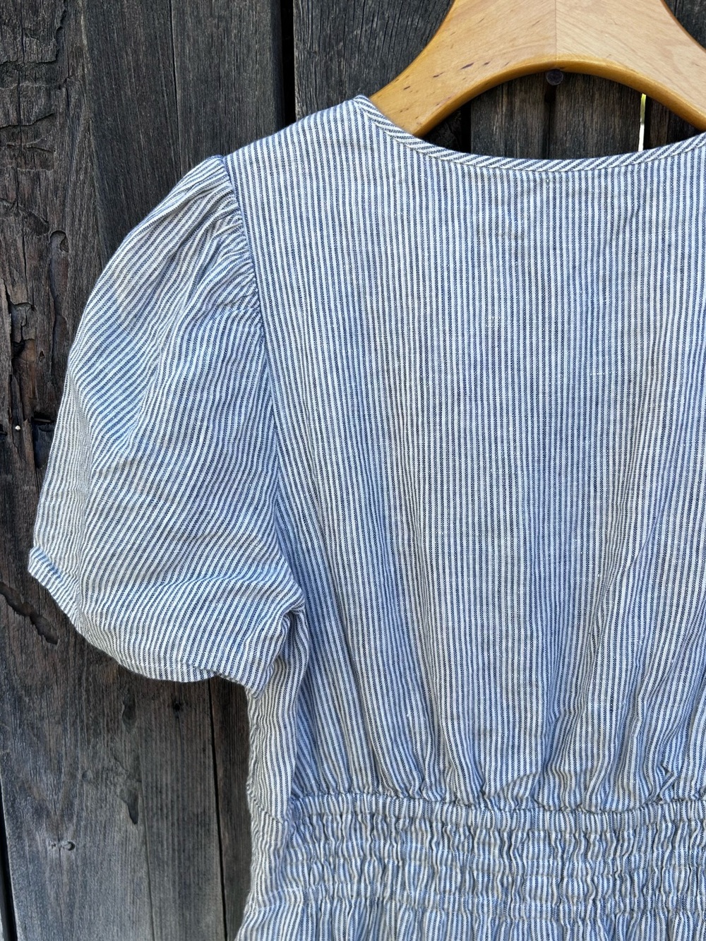 Quince Linen Tiered Maxi Dress Blue Pinstripe S - Picture 13 of 16